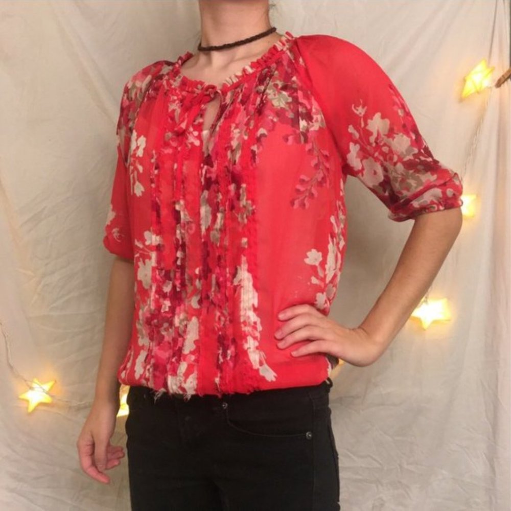 Express Pink Red Sheer Ruffle Front Blouse